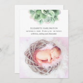 Waterverf sappig. Pasgeborene. Groene cactus geboo Aankondiging (Voorkant / Achterkant)