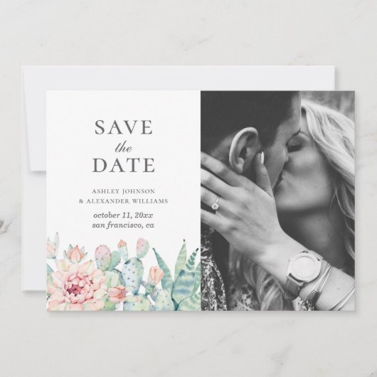 Waterverf sappige bloemen. Floral cactus foto Save The Date (Voorkant)