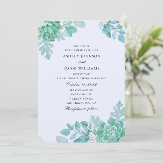 Waterverf sappige bruiloft. Munt en blauwe cactus Kaart (Staand voorkant)