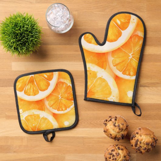 Waterverf sappige Oranje plakjes Ovenwant & Pannenlap Set (Top down)