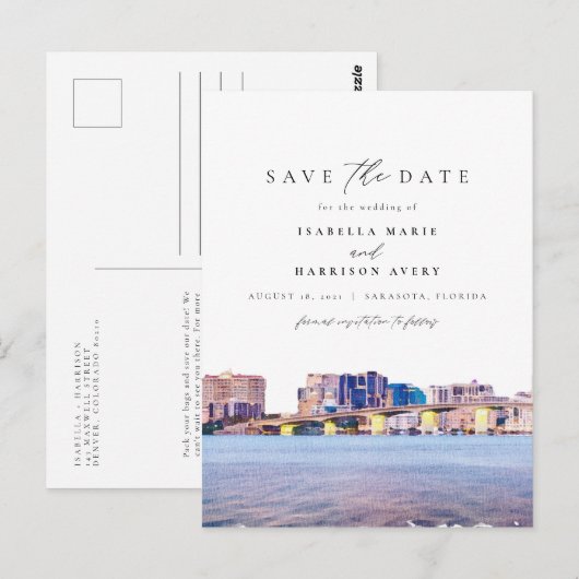 Waterverf Sarasota Florida Skyline Bewaar de datum Briefkaart (Voorkant / Achterkant)