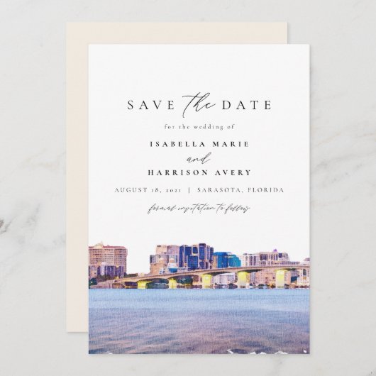 Waterverf Sarasota Florida Skyline Save the Date Kaart (Voorkant / Achterkant)