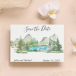 Waterverf Save the Date Mountain Forest River Aankondigingskaart<br><div class="desc">Dit ontwerp kan op het gebied worden gepersonaliseerd dat door de foto en/of tekst te veranderen wordt verstrekt. Of het kan worden aangepast door te klikken deze Sjabloon personaliseert en dan de klik te kiezen om verdere optie aan te passen en de kleur van de achtergrond te schrappen of te...</div>