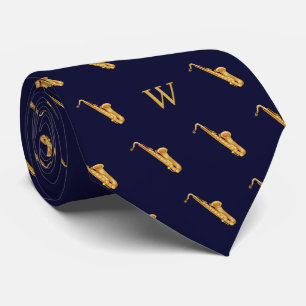 Waterverf Saxofoon Jazz Muziek Monogram Blauw Stropdas