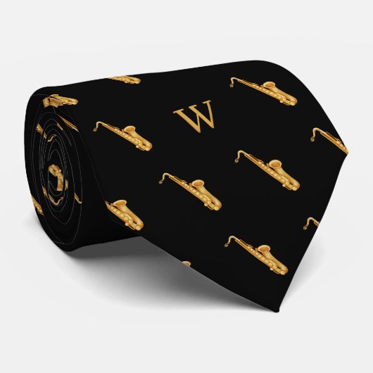 Waterverf Saxofoon Jazz Muziek Monogram Zwarte Stropdas (Opgerold)