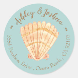 Waterverf Scallop Retro Blue Retour Adres Ronde Sticker