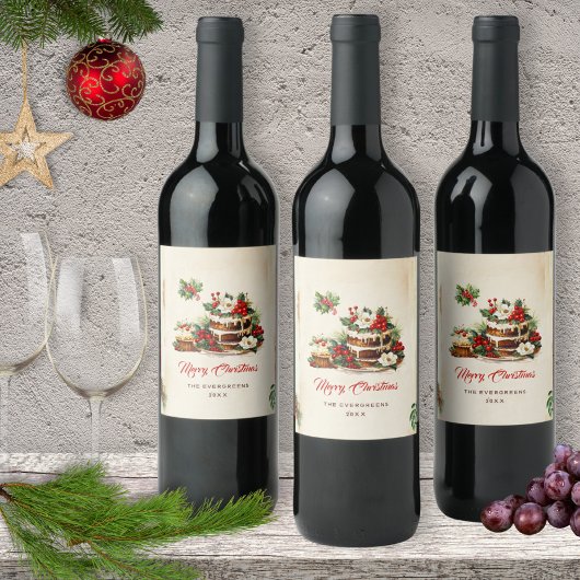 Waterverf Scandinaviër laat vrolijk kerstfeest ach Wijn Etiket