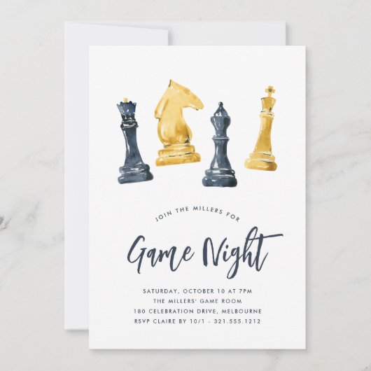 Waterverf schaakstukken spelen Night Party Kaart (Voorkant)