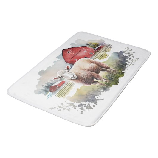 Waterverf schaap met rode schuur badmat (Gekanteld)