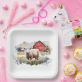 Waterverf schaap met rode schuur papieren bordje (Feest)