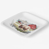 Waterverf schaap met rode schuur papieren bordje (Gebogen)