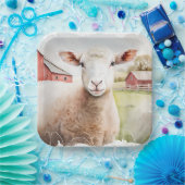 Waterverf schaap met rode schuur papieren bordje (Feest)