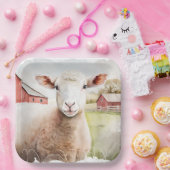 Waterverf schaap met rode schuur papieren bordje (Feest)