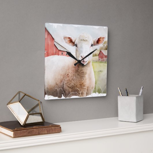 Waterverf schaap met rode schuur vierkante klok (Kantoor)