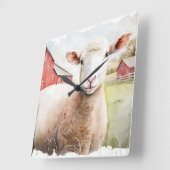 Waterverf schaap met rode schuur vierkante klok (Hoek)