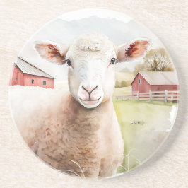 Waterverf schaap met rode schuur zandsteen onderzetter