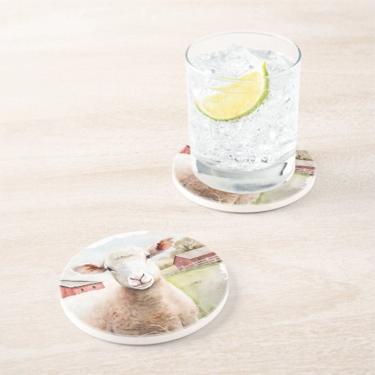 Waterverf schaap met rode schuur zandsteen onderzetter (Zijkant)