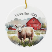 Waterverf Schapen met Rode Schuren Keramisch Ornament (Voorkant)