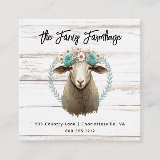 Waterverf Schapenboerderij Floral QR-code Vierkante Visitekaartje (Voorkant)