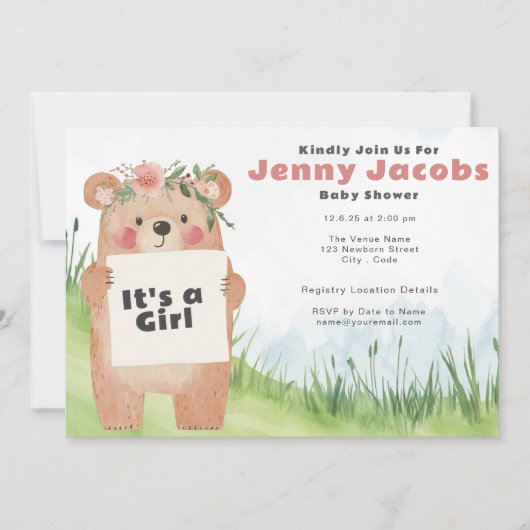 Waterverf schattig Beer Het is een meisje roze Bab Kaart (Voorkant)