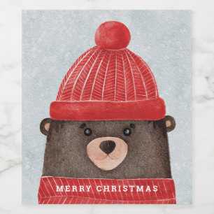 Waterverf schattig beer. Kerstbos Wijn Etiket