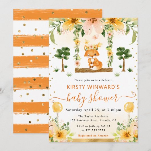 Waterverf Schattig Bloemig Vos Babyshower Kaart (Voorkant / Achterkant)