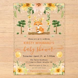 Waterverf Schattig Bloemmotief Vos Babyshower Acryl Uitnodigingen