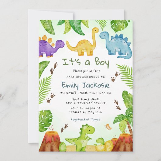 Waterverf Schattig Boho Dinosaurus Groenelementen Kaart (Voorkant)