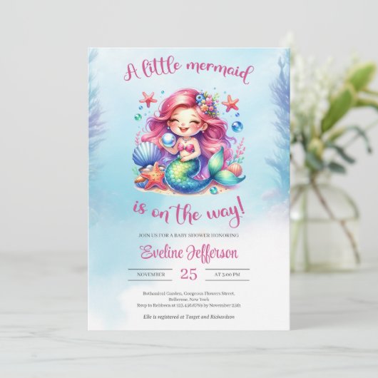 Waterverf schattig kleine zeemeermin is op weg kaart (Staand voorkant)