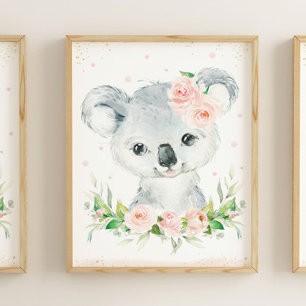 Waterverf Schattig Koala Blush Roze Bloemenwand Poster