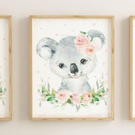 Waterverf Schattig Koala Blush Roze Bloemenwand Poster