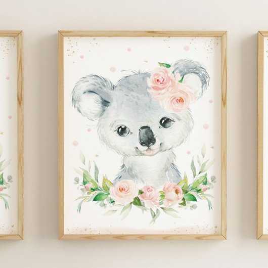 Waterverf Schattig Koala Blush Roze Bloemenwand Poster