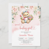 Waterverf schattig meisje teddybeer met bloemetjes kaart (Voorkant)