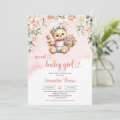 Waterverf schattig meisje teddybeer met bloemetjes kaart (Staand voorkant)