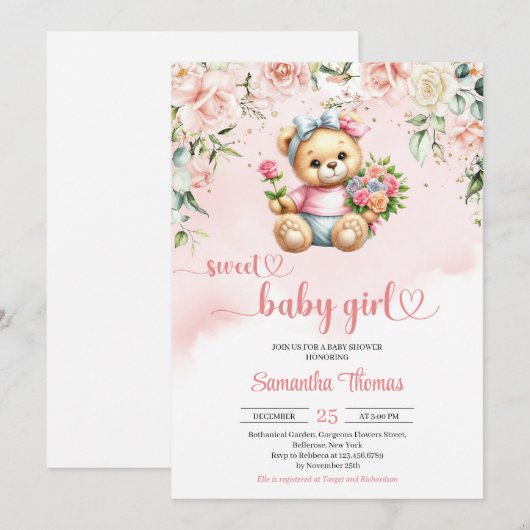 Waterverf schattig meisje teddybeer met bloemetjes kaart (Voorkant / Achterkant)