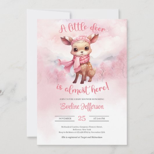 Waterverf schattig roze rendier winter meisje kaart (Voorkant)