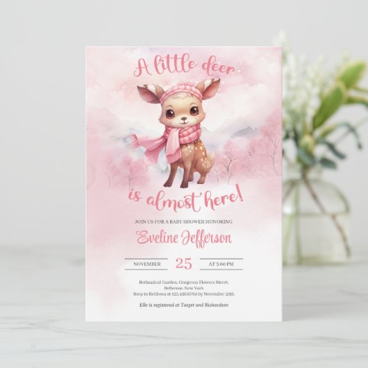 Waterverf schattig roze rendier winter meisje kaart (Staand voorkant)