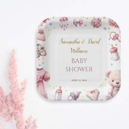 Waterverf Schattig Roze Vrolijke Baby shower Bloem Papieren Bordje