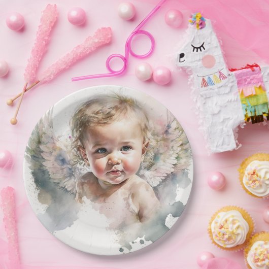 Waterverf schattige Angel Baby Baptisme Papieren Bordje (Feest)