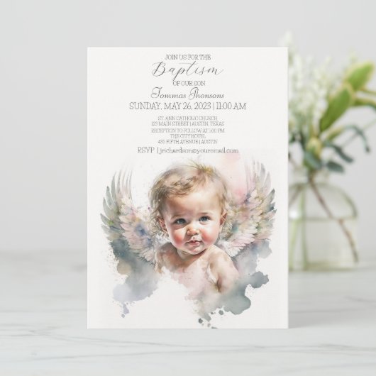 Waterverf schattige Angel Baby Baptisme uitnodigin Kaart (Staand voorkant)