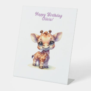 Waterverf schattige baby giraffe reclamebord met voetstuk