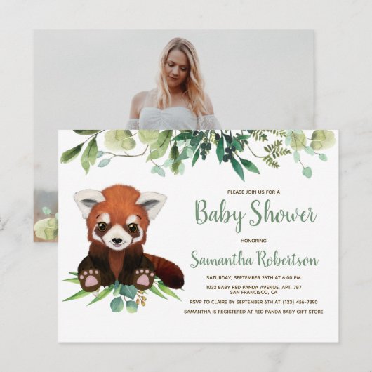 Waterverf Schattige Beer Greenery Baby shower Foto Uitnodiging Briefkaart (Voorkant / Achterkant)