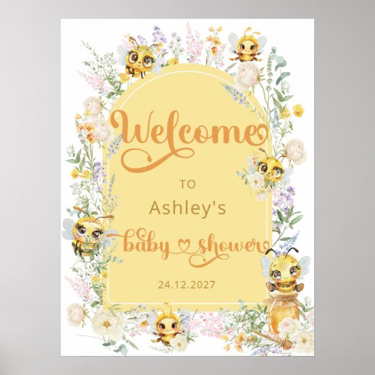 Waterverf Schattige Bijen Baby shower Welkom Poster (Voorkant)