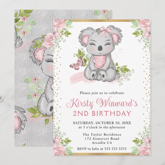 Waterverf Schattige Bloemen Koala Meisje 2e Verjaa Kaart (Voorkant / Achterkant)