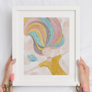 Waterverf schattige cartoon meisje. Roze fantasie Poster