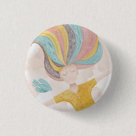 Waterverf schattige cartoon meisje. Roze fantasie Ronde Button 3,2 Cm