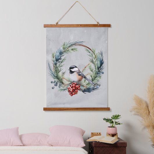 Waterverf Schattige Chickadee Vogelkrans Kerstmis Hangend Wandkleed (Slaapkamer)
