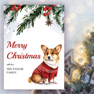Waterverf Schattige Corgi Dog Vrolijk Kerstfeest Feestdagenkaart