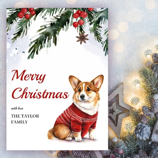 Waterverf Schattige Corgi Dog Vrolijk Kerstfeest Feestdagenkaart