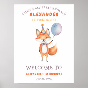 Waterverf Schattige Fox 1st Birthday Poster